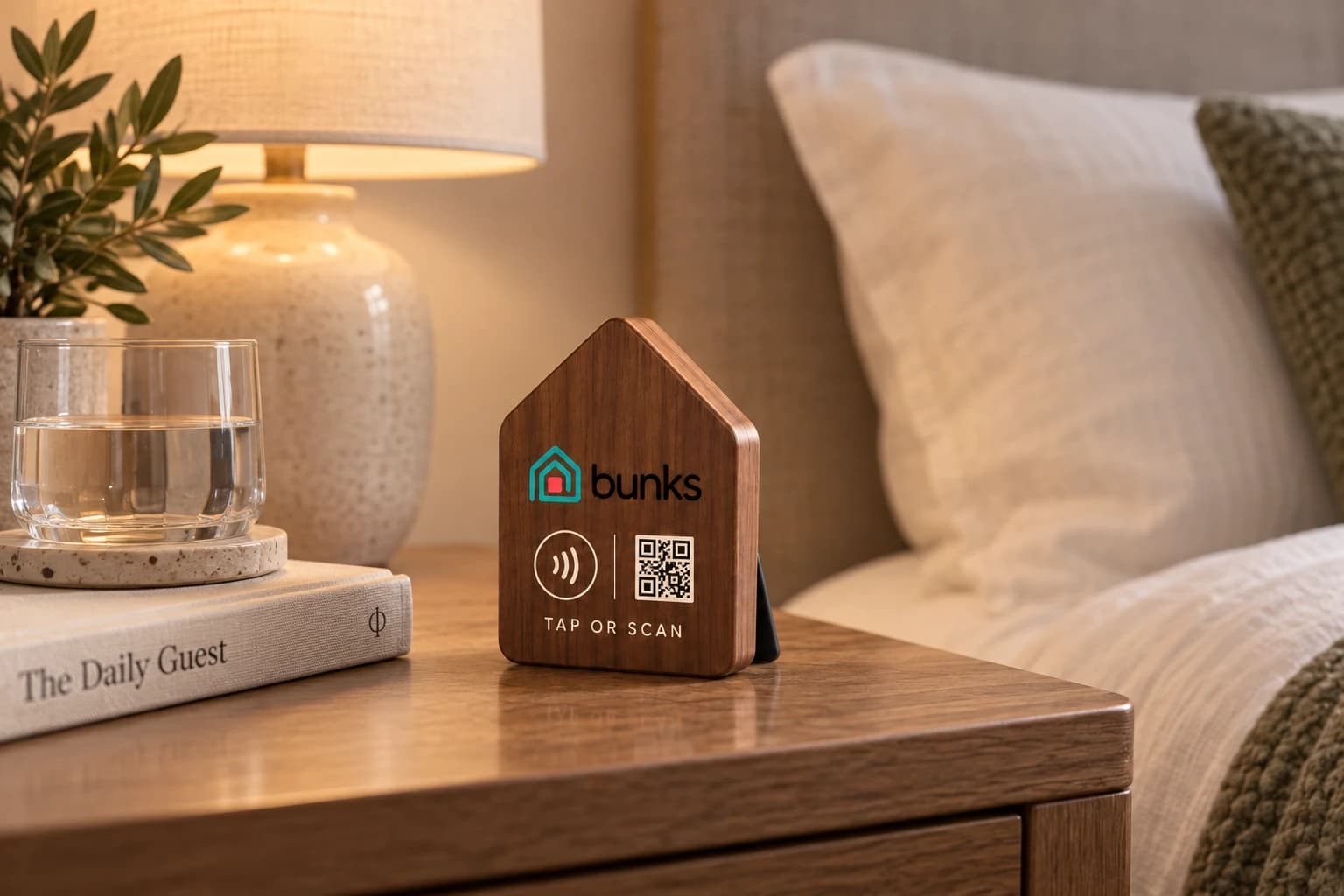 The Bunks Home Hub, a small wooden house-shaped stand with a tap and QR code, on a bedside table