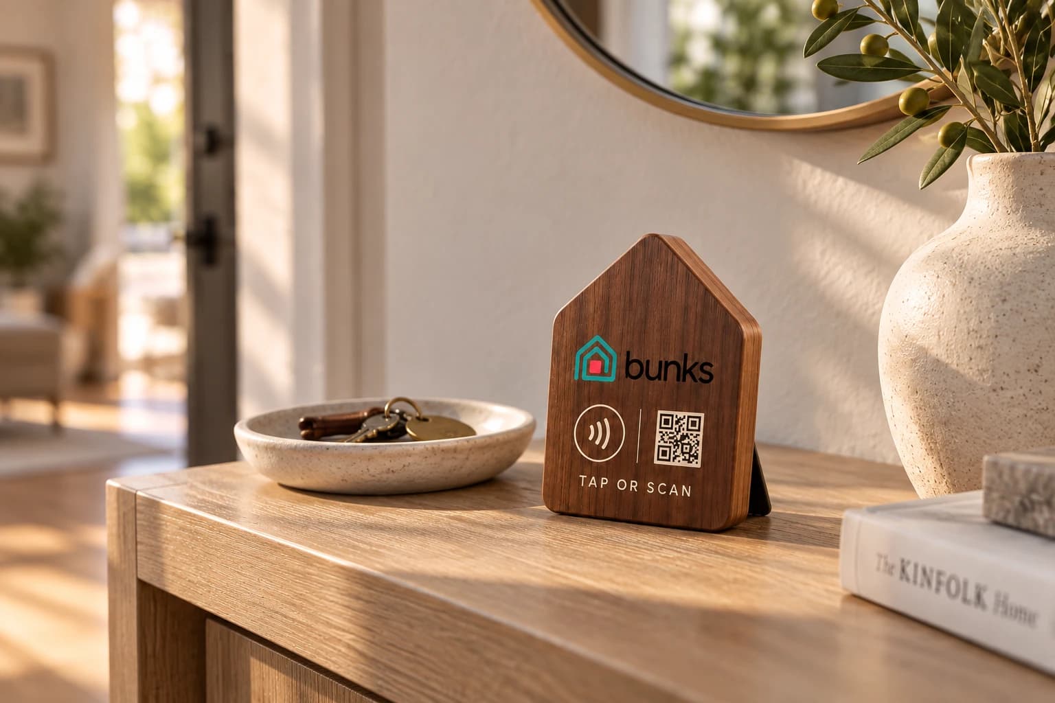 The Home Hub on an entryway table beside a key dish